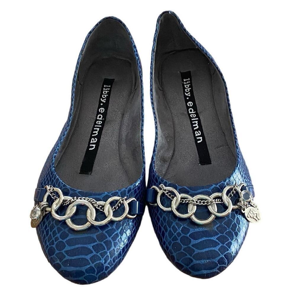 LIBBY EDELMAN "Amelie" Slip-Ons, Blue Croc. Design,  7.5M, Silver tone charms